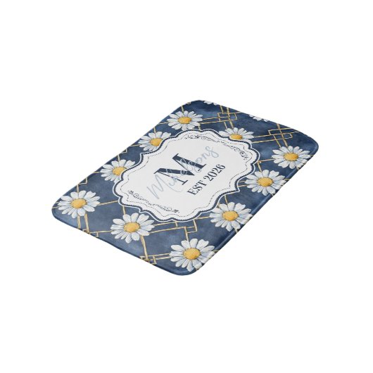 Navy Daisy Gingham Monogram Decor バスマット (アングル)