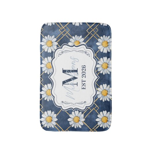 Navy Daisy Gingham Monogram Decor バスマット (正面縦)