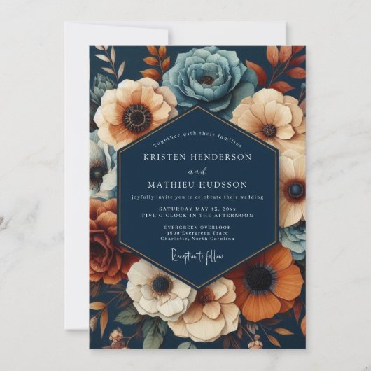Navy Deep Floral Opulent Wedding 招待状 (正面)