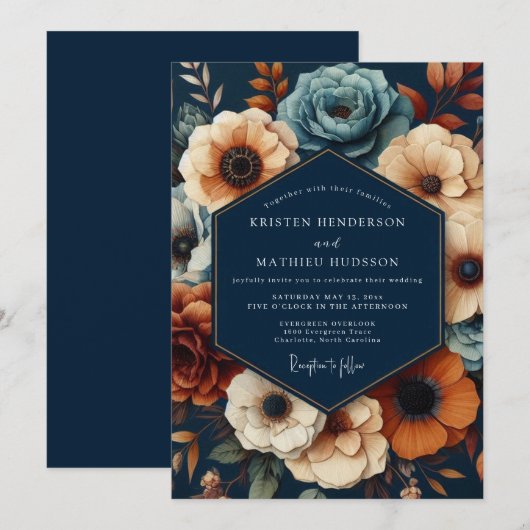 Navy Deep Floral Opulent Wedding 招待状 (正面/裏面)
