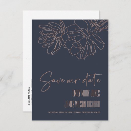 NAVY DESERT CACTI SUCCULENT SKETCH SAVE THE DATE 案内ポストカード (正面/裏面)