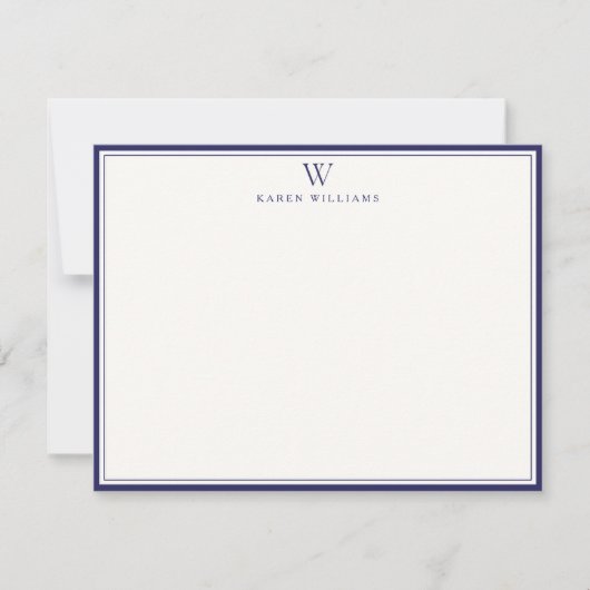 Navy Double Border Monogram Off-White Note Card 招待状 (正面)