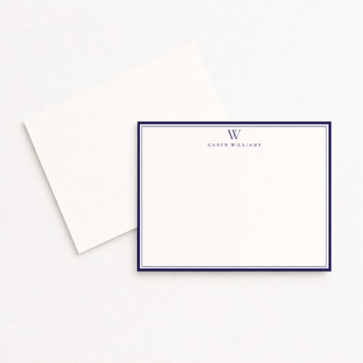 Navy Double Border Monogram Off-White Note Card 招待状