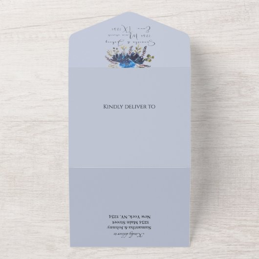 Navy & Dusty Blueフローラ結婚写真 オールインワン招待状 (外側)
