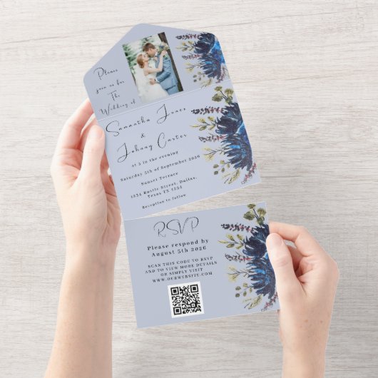 Navy & Dusty Blueフローラ結婚写真 オールインワン招待状 (貼ってはがせる)