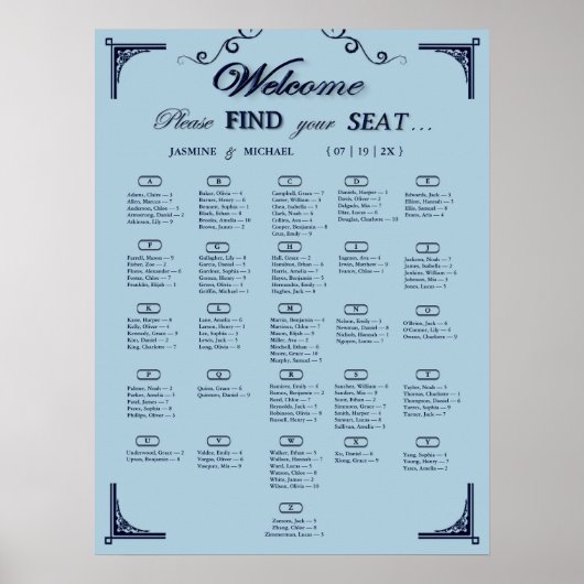 Navy Dusty Blue Alphabetical Wedding Seating Chart ポスター (正面)
