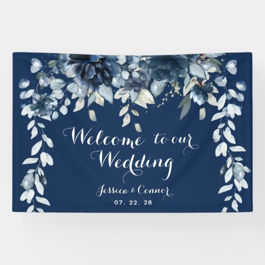 Navy Dusty Blue Eucalyptus Welcome To Our Wedding 横断幕 (横)
