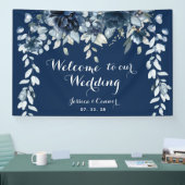Navy Dusty Blue Eucalyptus Welcome To Our Wedding 横断幕 (トレードショー)