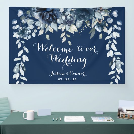 Navy Dusty Blue Eucalyptus Welcome To Our Wedding 横断幕 (トレードショー)