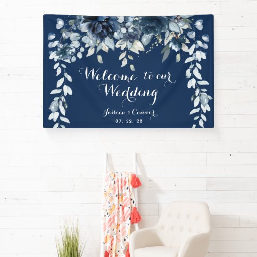 Navy Dusty Blue Eucalyptus Welcome To Our Wedding 横断幕 (インサイチュ)