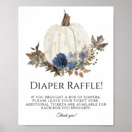Navy Dusty Blue Fall Floral Pumpkin Diaper Raffle ポスター