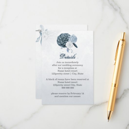 navy dusty blue flowers botanical  details エンクロージャーカード (正面/裏面インサイチュ)