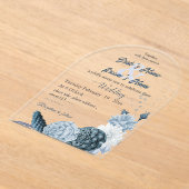 navy dusty blue flowers botanical wedding アクリル招待状 (レイダウン)
