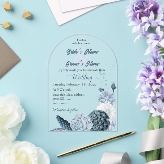 navy dusty blue flowers botanical wedding アクリル招待状 (インサイチュ (ウェディング))