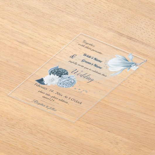 navy dusty blue flowers botanical wedding アクリル招待状 (レイダウン)