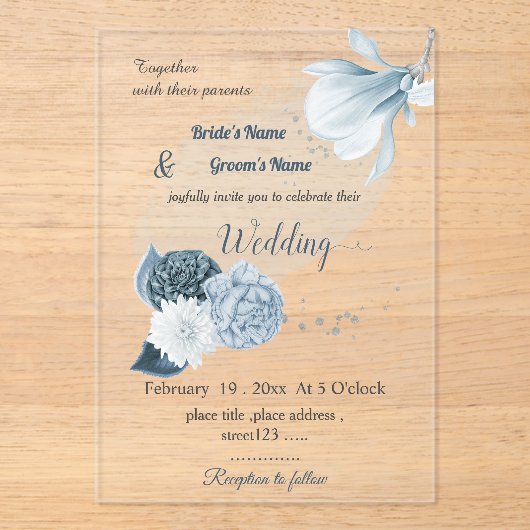 navy dusty blue flowers botanical wedding アクリル招待状 (正面)