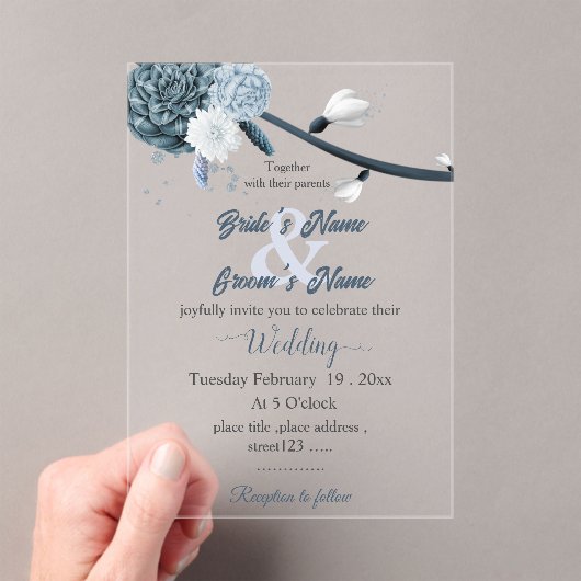 navy dusty blue flowers botanical wedding アクリル招待状 (インサイチュ (ポータブル))