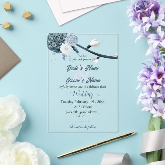navy dusty blue flowers botanical wedding アクリル招待状 (インサイチュ (ウェディング))