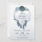 navy dusty blue flowers botanical wedding セーブザデート (正面)