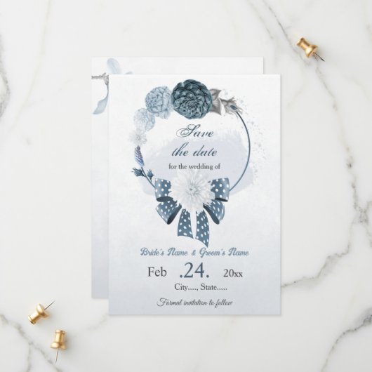 navy dusty blue flowers botanical wedding セーブザデート (正面/裏面インサイチュ)