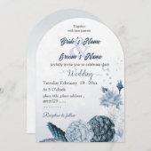 navy dusty blue flowers botanical wedding 招待状 (正面/裏面)
