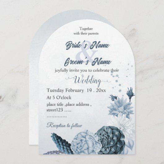 navy dusty blue flowers botanical wedding 招待状 (正面/裏面)