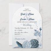 navy dusty blue flowers botanical wedding 招待状 (正面)
