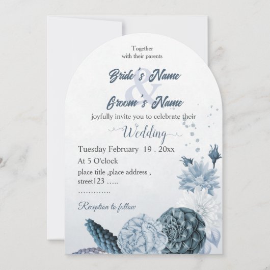 navy dusty blue flowers botanical wedding 招待状 (正面)