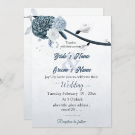 navy dusty blue flowers botanical wedding 招待状