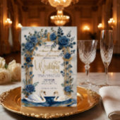 Navy Dusty Blue Gold Faux Foil Floral Swan Wedding 招待状