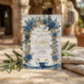Navy Dusty Blue Gold Faux Foil Floral Swan Wedding 招待状