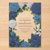 Navy, Dusty Blue & Silver Floral Wedding アクリル招待状 (正面)
