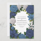 Navy, Dusty Blue & Silver Floral Wedding 招待状 (正面)
