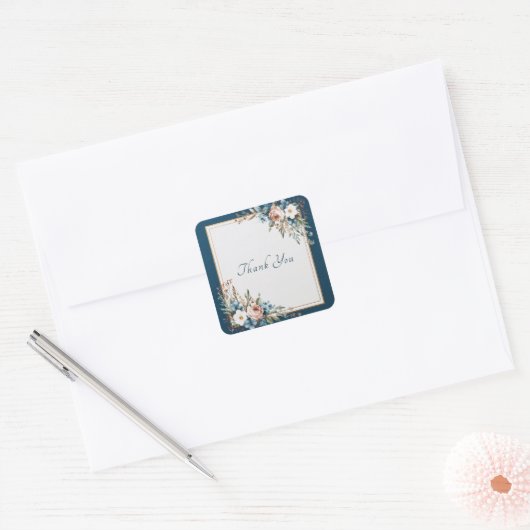 Navy Dusty Pink Rose Blue Floral Gold Frame スクエアシール (封筒)