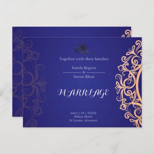 Navy Elegant Blue Muslim wedding Invitation  ポストカード (正面/裏面)