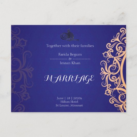 Navy Elegant Blue Muslim wedding Invitation  ポストカード (正面)