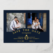 Navy Elegant Gold 2 Photos Sophisticated Wedding 箔招待状 (正面)