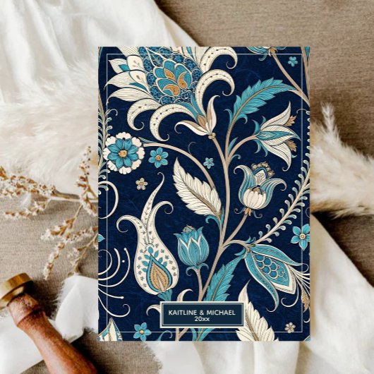 Navy Elegant Modern Calligraphy Floral Wedding 招待状