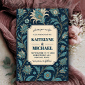 Navy Elegant Modern Calligraphy Floral Wedding 招待状