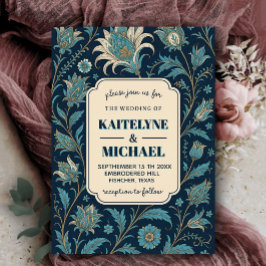 Navy Elegant Modern Calligraphy Floral Wedding  招待状