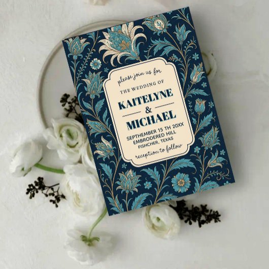 Navy Elegant Modern Calligraphy Floral Wedding  招待状