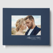 Navy Elegant Modern Simple Script Photo Wedding ゲストブック (正面)
