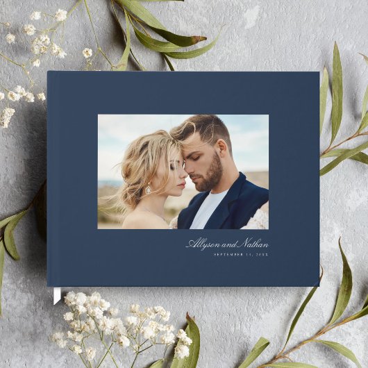 Navy Elegant Modern Simple Script Photo Wedding ゲストブック