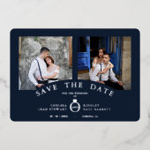 Navy Elegant Silver 2 Photos Sophisticated Wedding 箔招待状 (正面)