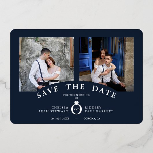 Navy Elegant Silver 2 Photos Sophisticated Wedding 箔招待状 (正面)