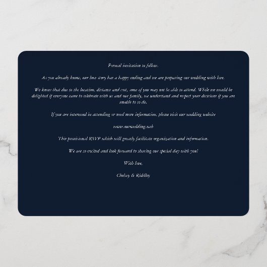 Navy Elegant Silver 2 Photos Sophisticated Wedding 箔招待状 (裏面)