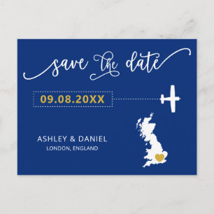Navy England Scotland Wedding Save the Date UK Map ポストカード