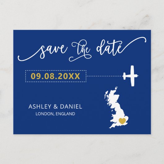 Navy England Scotland Wedding Save the Date UK Map ポストカード (正面)