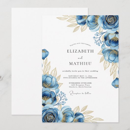 Navy Ethereal Bloom Wedding 招待状 (正面/裏面)