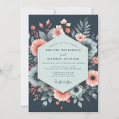 Navy Ethereal Floral Bloom Wedding 招待状 (正面)